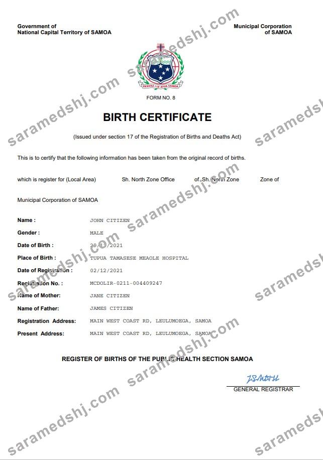 Samoa vital record birth certificate Word and PDF template